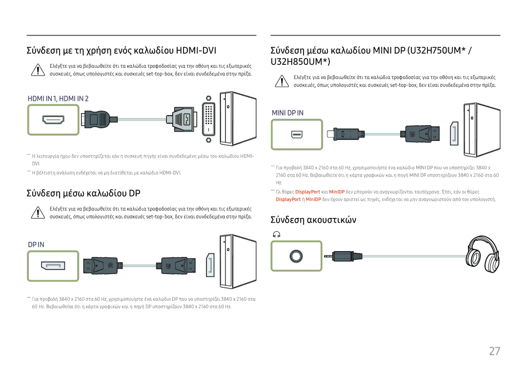 Samsung LU28H750UQUXEN manual Σύνδεση με τη χρήση ενός καλωδίου HDMI-DVI, Σύνδεση μέσω καλωδίου DP, Σύνδεση ακουστικών 