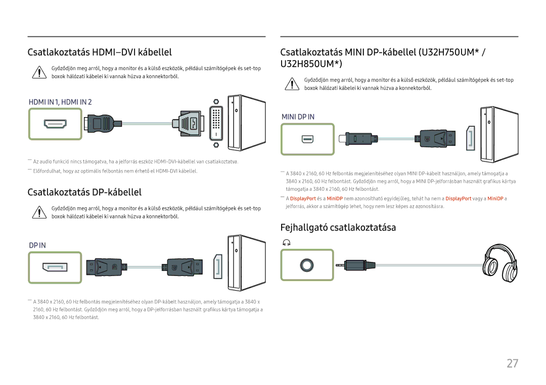 Samsung LU28H750UQUXEN manual Csatlakoztatás HDMI-DVI kábellel, Csatlakoztatás DP-kábellel, Fejhallgató csatlakoztatása 