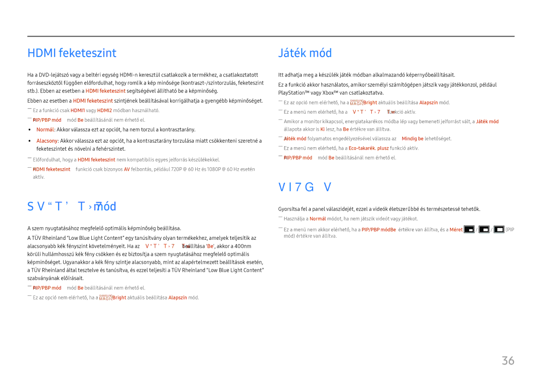 Samsung LU32H850UMUXEN, LU28H750UQUXEN manual Hdmi feketeszint, Szemkímélő mód, Játék mód, Válaszidő 