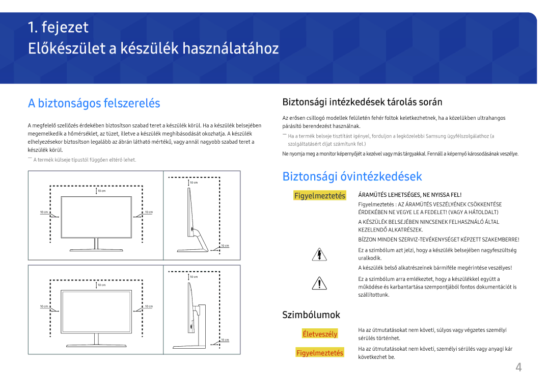 Samsung LU32H850UMUXEN manual Előkészület a készülék használatához, Biztonságos felszerelés, Biztonsági óvintézkedések 