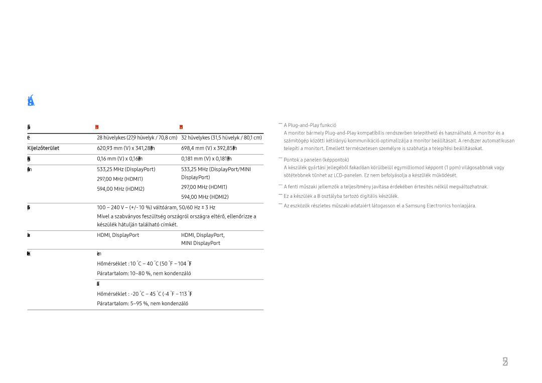 Samsung LU32H850UMUXEN, LU28H750UQUXEN manual Műszaki adatok, Általános 