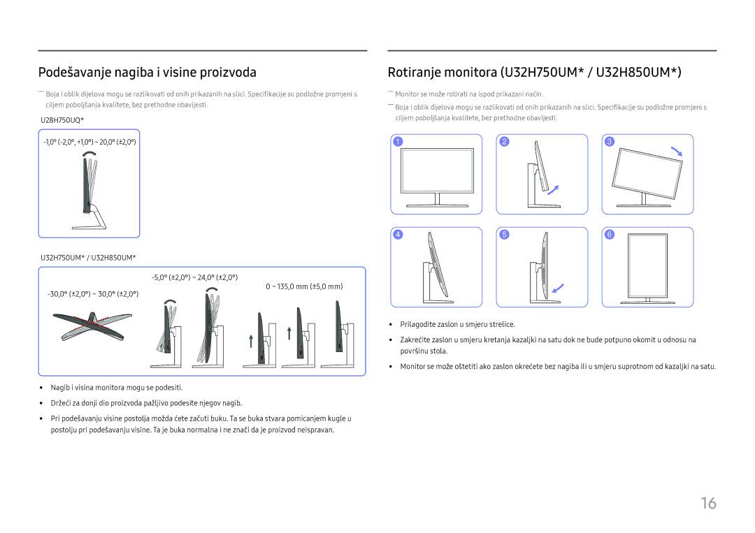 Samsung LU32H850UMUXEN, LU28H750UQUXEN Podešavanje nagiba i visine proizvoda, Rotiranje monitora U32H750UM* / U32H850UM 