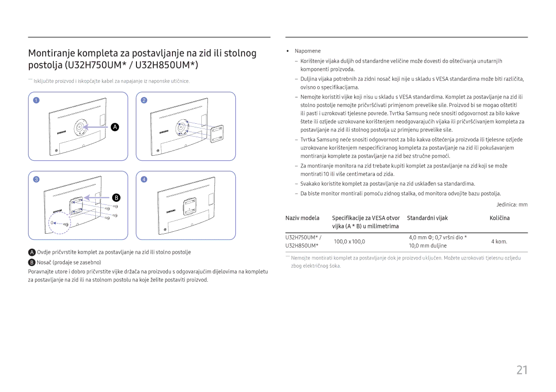 Samsung LU28H750UQUXEN, LU32H850UMUXEN manual Naziv modela, Standardni vijak, Specifikacije za Vesa otvor 