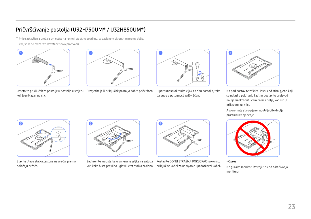 Samsung LU28H750UQUXEN, LU32H850UMUXEN manual Pričvršćivanje postolja U32H750UM* / U32H850UM 