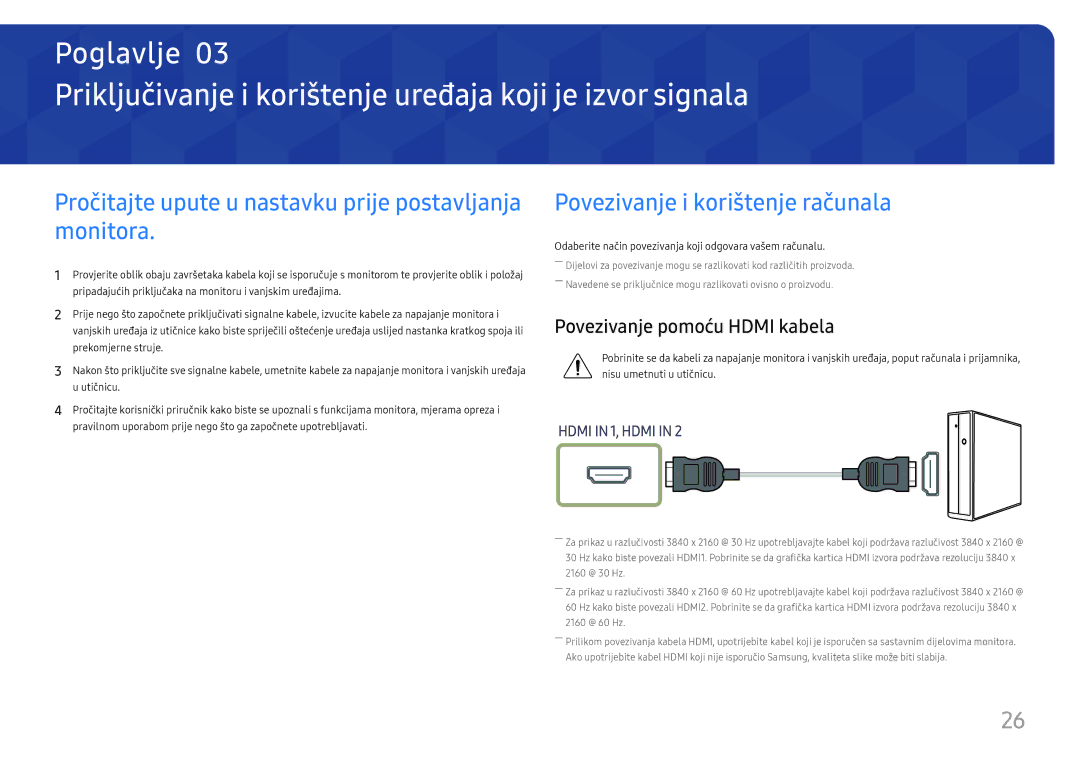 Samsung LU32H850UMUXEN manual Priključivanje i korištenje uređaja koji je izvor signala, Povezivanje i korištenje računala 