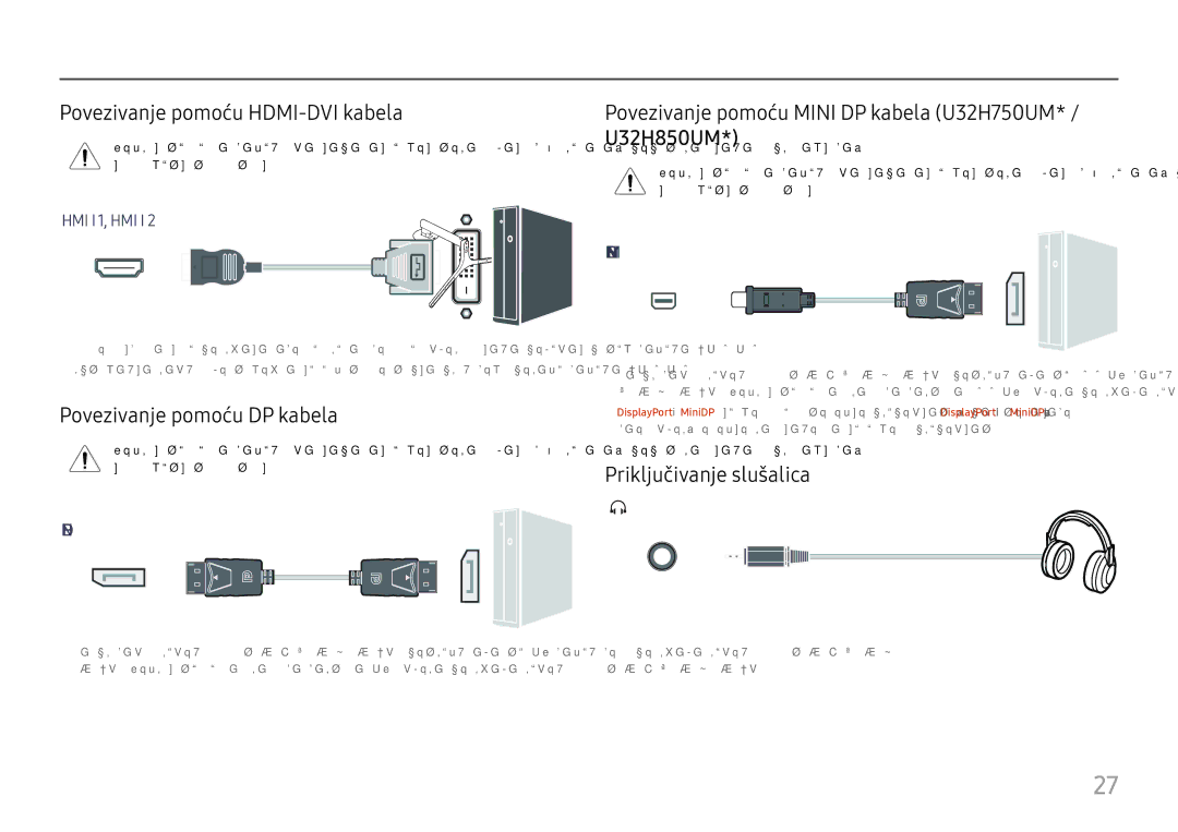 Samsung LU28H750UQUXEN manual Povezivanje pomoću HDMI-DVI kabela, Povezivanje pomoću DP kabela, Priključivanje slušalica 