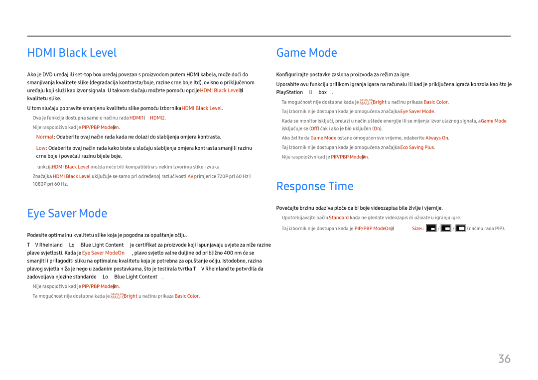 Samsung LU32H850UMUXEN, LU28H750UQUXEN manual Hdmi Black Level, Eye Saver Mode, Game Mode, Response Time 