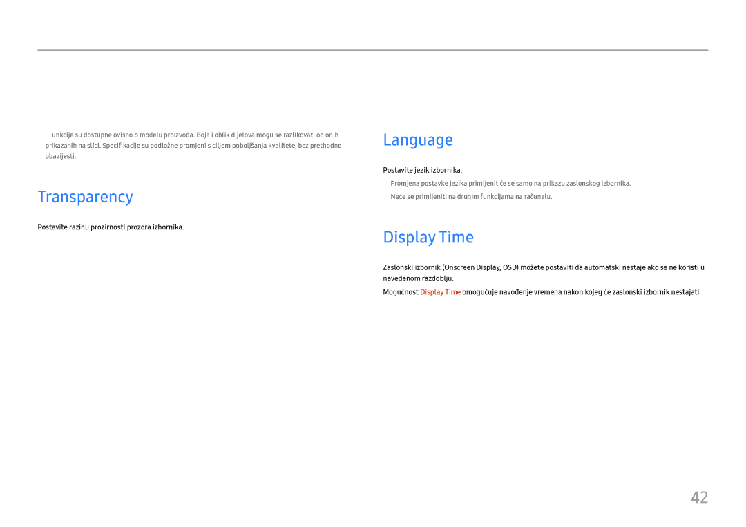 Samsung LU32H850UMUXEN, LU28H750UQUXEN Namještanje postavki OSD Prikaz na zaslonu, Language Transparency, Display Time 