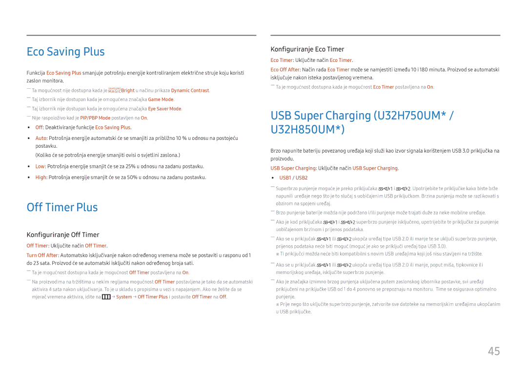 Samsung LU28H750UQUXEN, LU32H850UMUXEN manual Eco Saving Plus, Off Timer Plus, USB Super Charging U32H750UM* / U32H850UM 