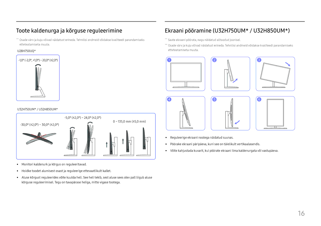 Samsung LU32H850UMUXEN manual Toote kaldenurga ja kõrguse reguleerimine, Ekraani pööramine U32H750UM* / U32H850UM 