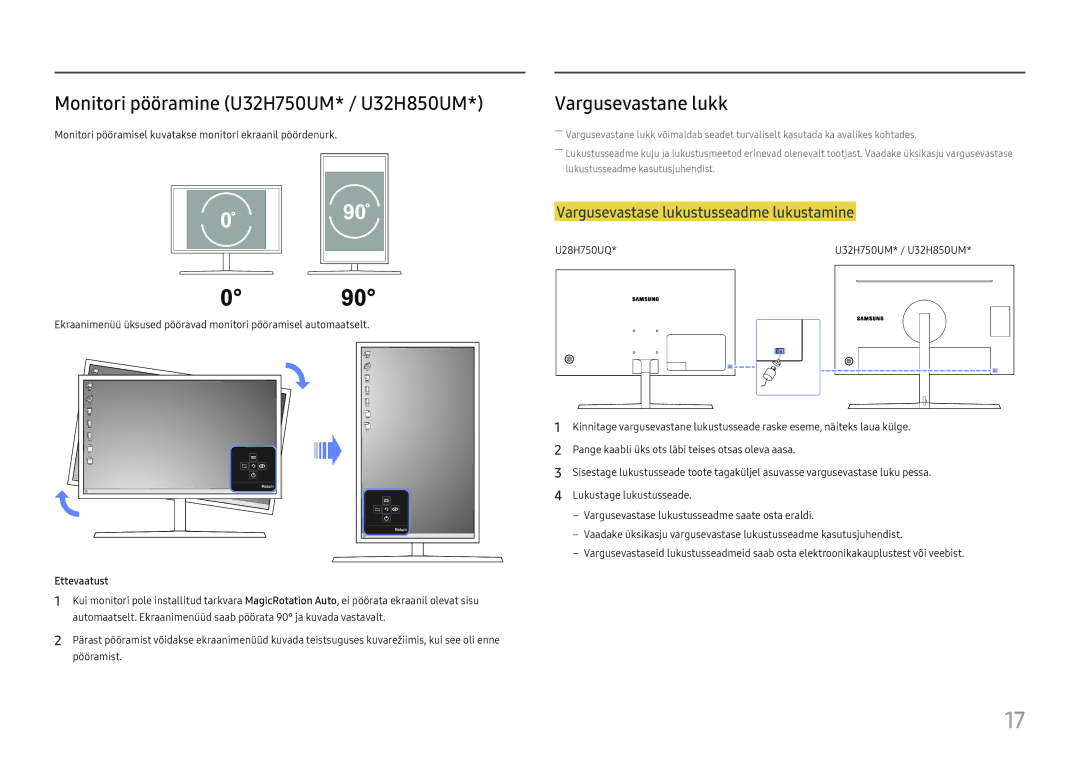 Samsung LU32H850UMUXEN manual Monitori pööramine U32H750UM* / U32H850UM, Vargusevastane lukk, Ettevaatust 