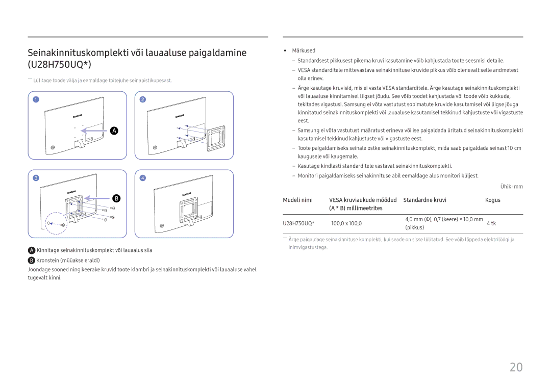 Samsung LU32H850UMUXEN manual Seinakinnituskomplekti või lauaaluse paigaldamine U28H750UQ, Vesa kruviaukude mõõdud 