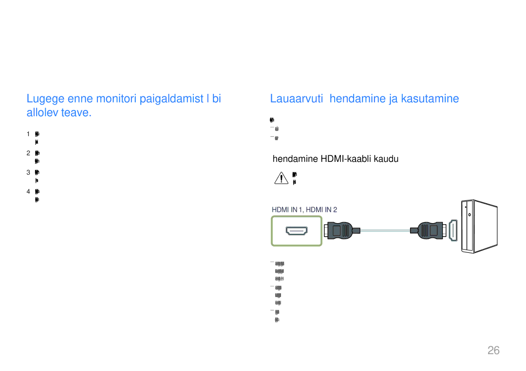 Samsung LU32H850UMUXEN manual Allikaseadme ühendamine ja kasutamine, Lugege enne monitori paigaldamist läbi allolev teave 