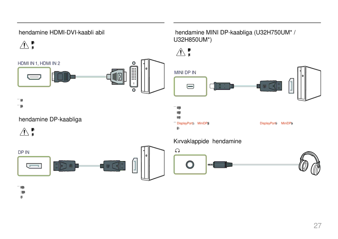 Samsung LU32H850UMUXEN manual Ühendamine HDMI-DVI-kaabli abil, Ühendamine DP-kaabliga, Kõrvaklappide ühendamine 