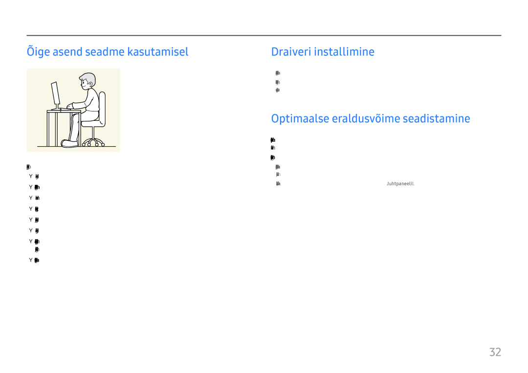 Samsung LU32H850UMUXEN manual Õige asend seadme kasutamisel, Optimaalse eraldusvõime seadistamine 