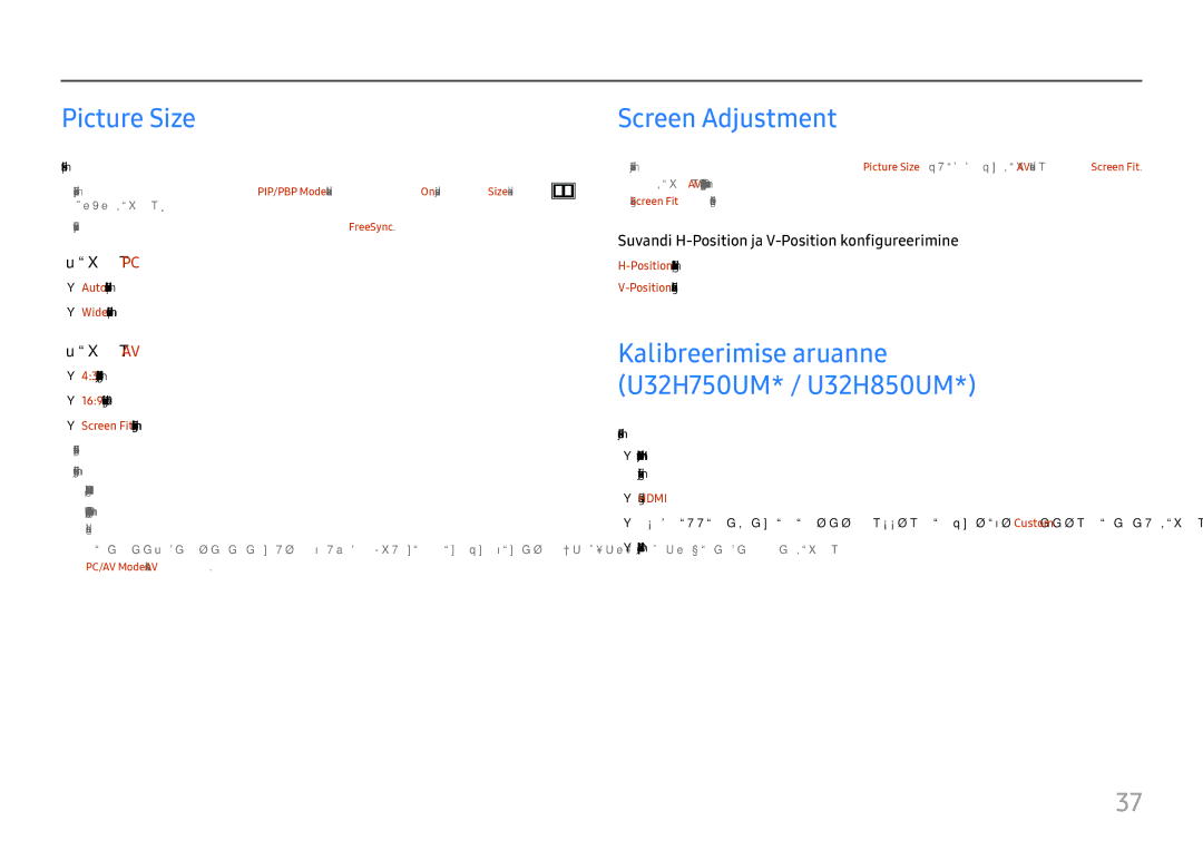 Samsung LU32H850UMUXEN manual Picture Size, Screen Adjustment 