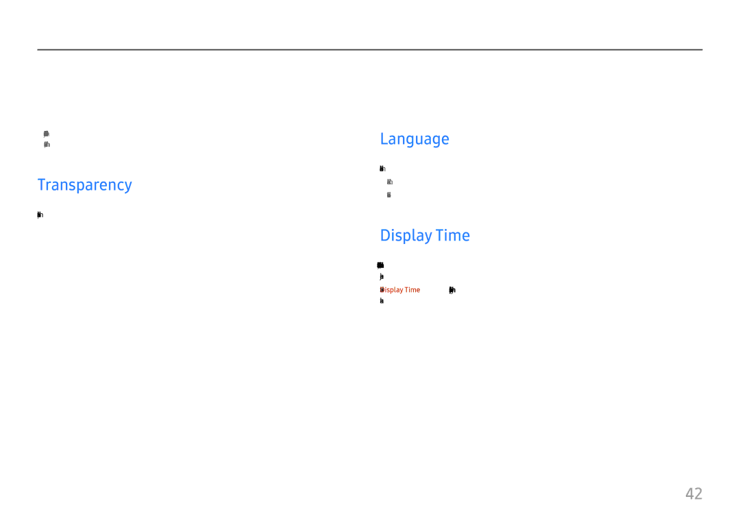 Samsung LU32H850UMUXEN manual Transparency, Language, Display Time 