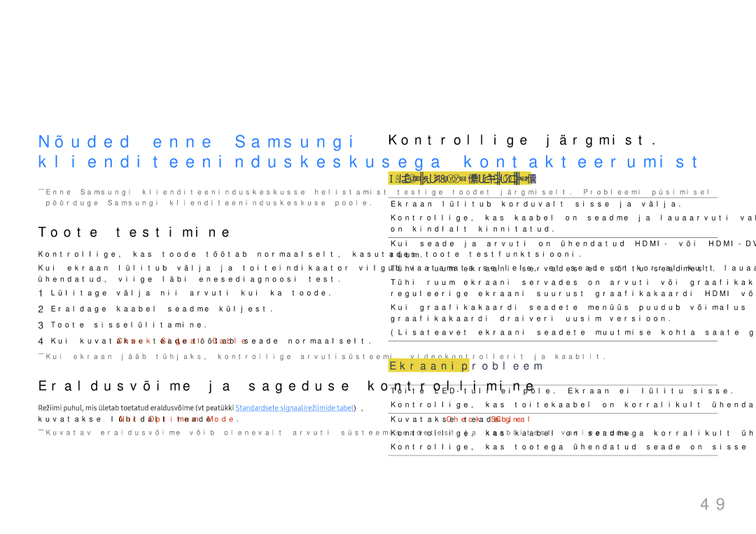 Samsung LU32H850UMUXEN Tõrkeotsingu juhend, Toote testimine, Eraldusvõime ja sageduse kontrollimine, Kontrollige järgmist 