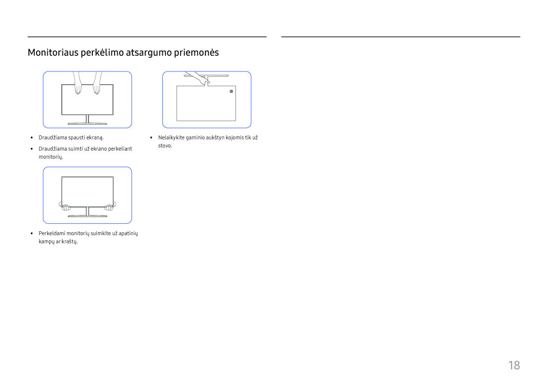 Samsung LU32H850UMUXEN manual Monitoriaus perkėlimo atsargumo priemonės 