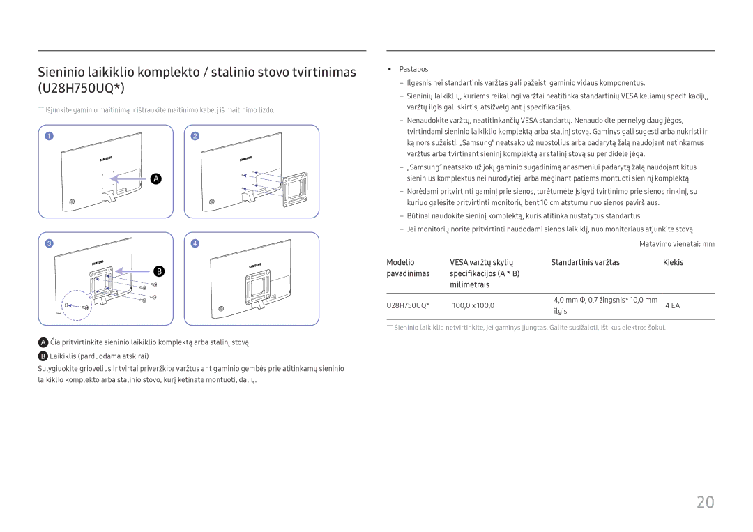 Samsung LU32H850UMUXEN manual Modelio Vesa varžtų skylių Standartinis varžtas, Pavadinimas Specifikacijos a * B Milimetrais 