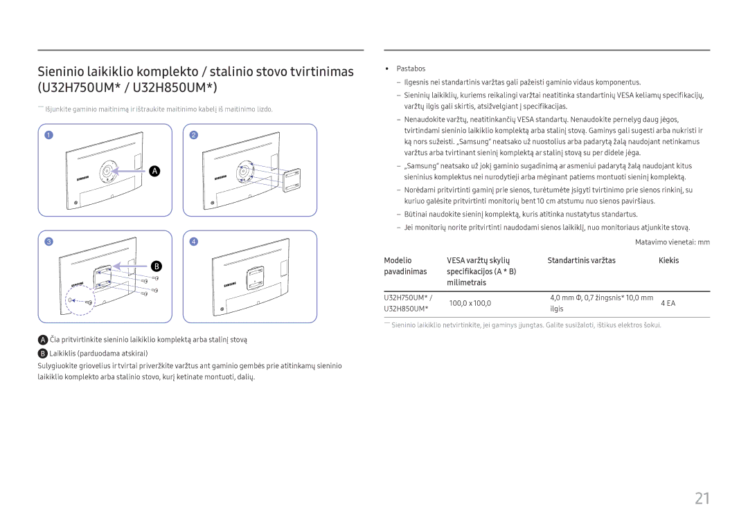 Samsung LU32H850UMUXEN manual Modelio Vesa varžtų skylių Standartinis varžtas 