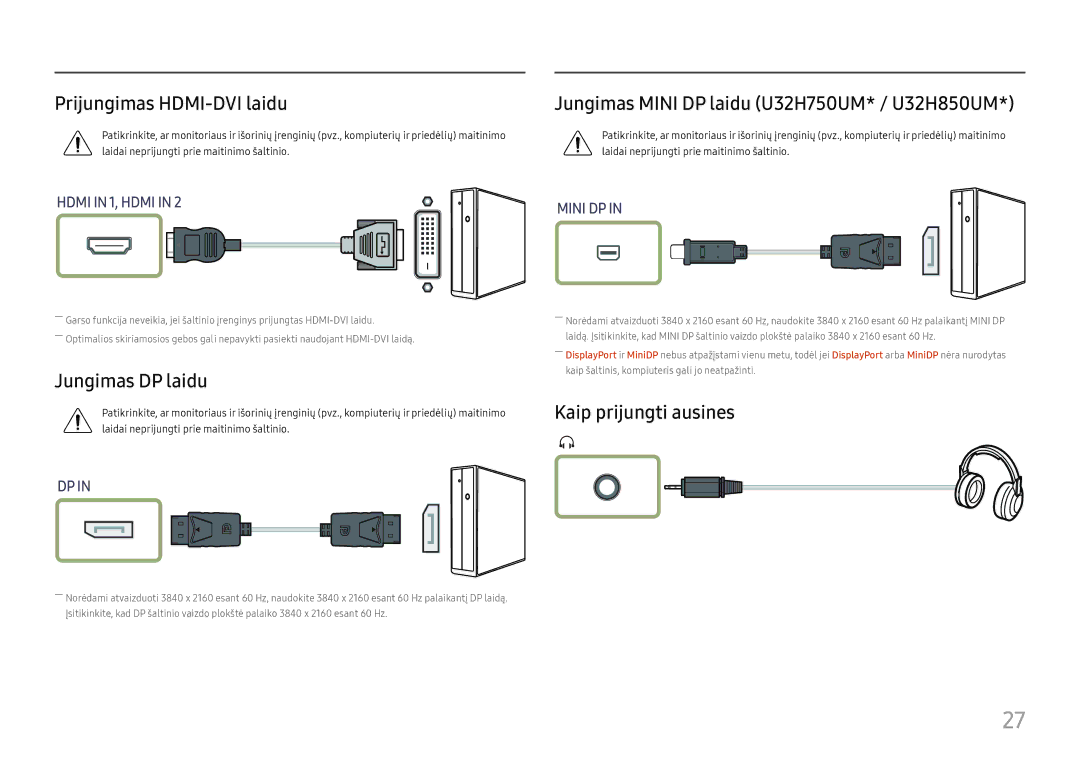 Samsung LU32H850UMUXEN manual Prijungimas HDMI-DVI laidu, Jungimas DP laidu, Kaip prijungti ausines 