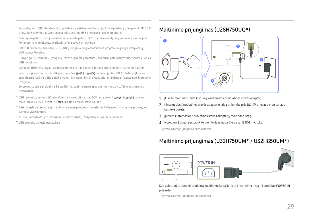 Samsung LU32H850UMUXEN manual Maitinimo prijungimas U28H750UQ, Maitinimo prijungimas U32H750UM* / U32H850UM 