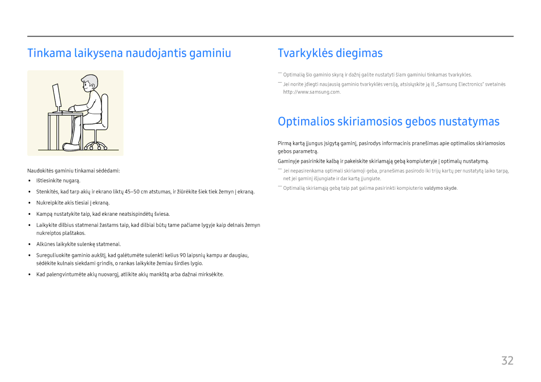 Samsung LU32H850UMUXEN manual Tinkama laikysena naudojantis gaminiu, Optimalios skiriamosios gebos nustatymas 