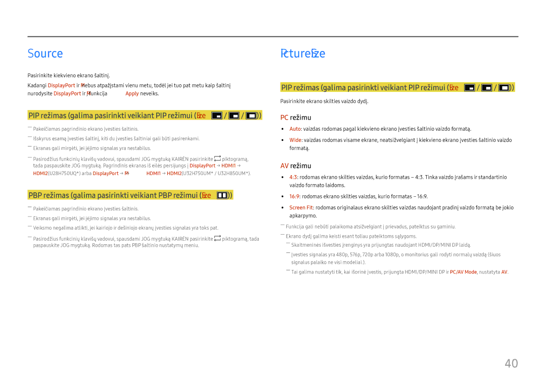 Samsung LU32H850UMUXEN manual Source, PIP režimas galima pasirinkti veikiant PIP režimui Size 