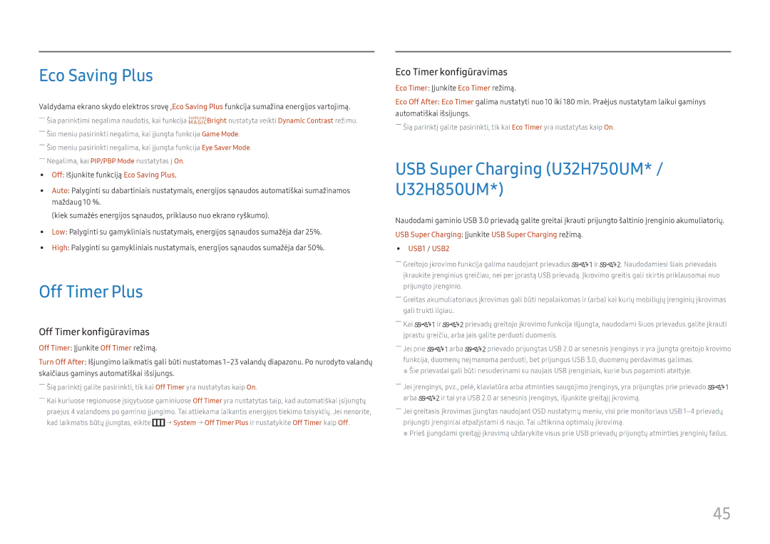 Samsung LU32H850UMUXEN manual Eco Saving Plus, Off Timer Plus, USB Super Charging U32H750UM* / U32H850UM 