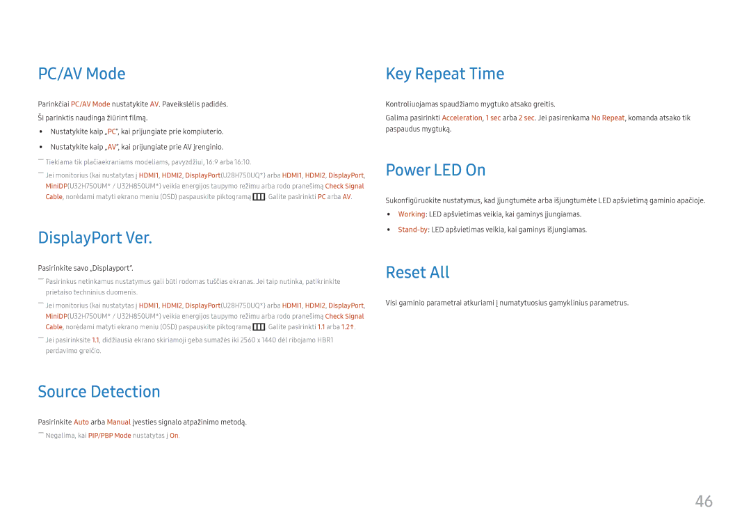 Samsung LU32H850UMUXEN manual PC/AV Mode, DisplayPort Ver, Source Detection, Key Repeat Time, Power LED On, Reset All 