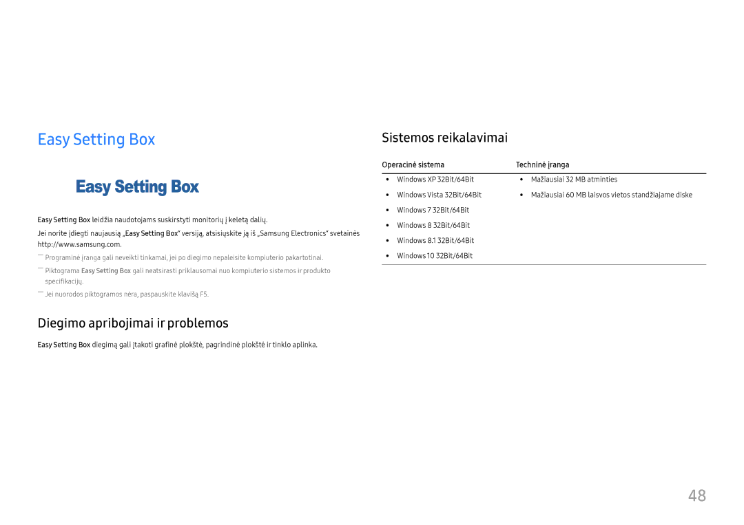 Samsung LU32H850UMUXEN manual Programinės įrangos diegimas, Easy Setting Box, Diegimo apribojimai ir problemos 