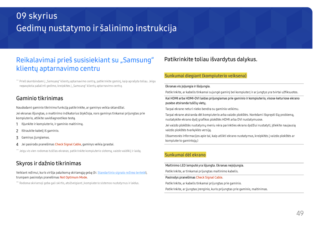 Samsung LU32H850UMUXEN manual Gedimų nustatymo ir šalinimo instrukcija, Patikrinkite toliau išvardytus dalykus 