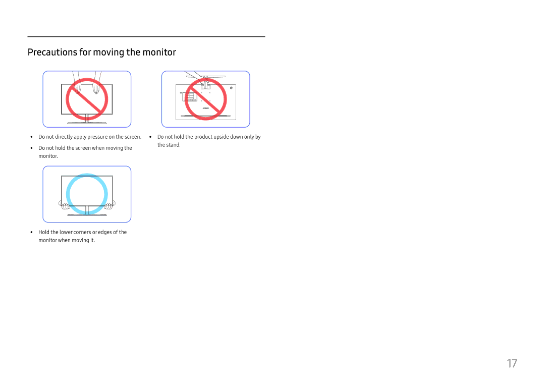 Samsung LU32J590UQIXCI, LU32J590UQUXEN manual Precautions for moving the monitor 