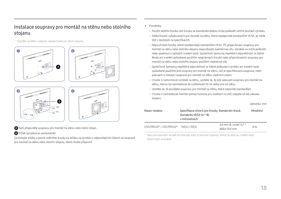 Samsung LU32J590UQUXEN manual Instalace soupravy pro montáž na stěnu nebo stolního stojanu, Jednotka mm 