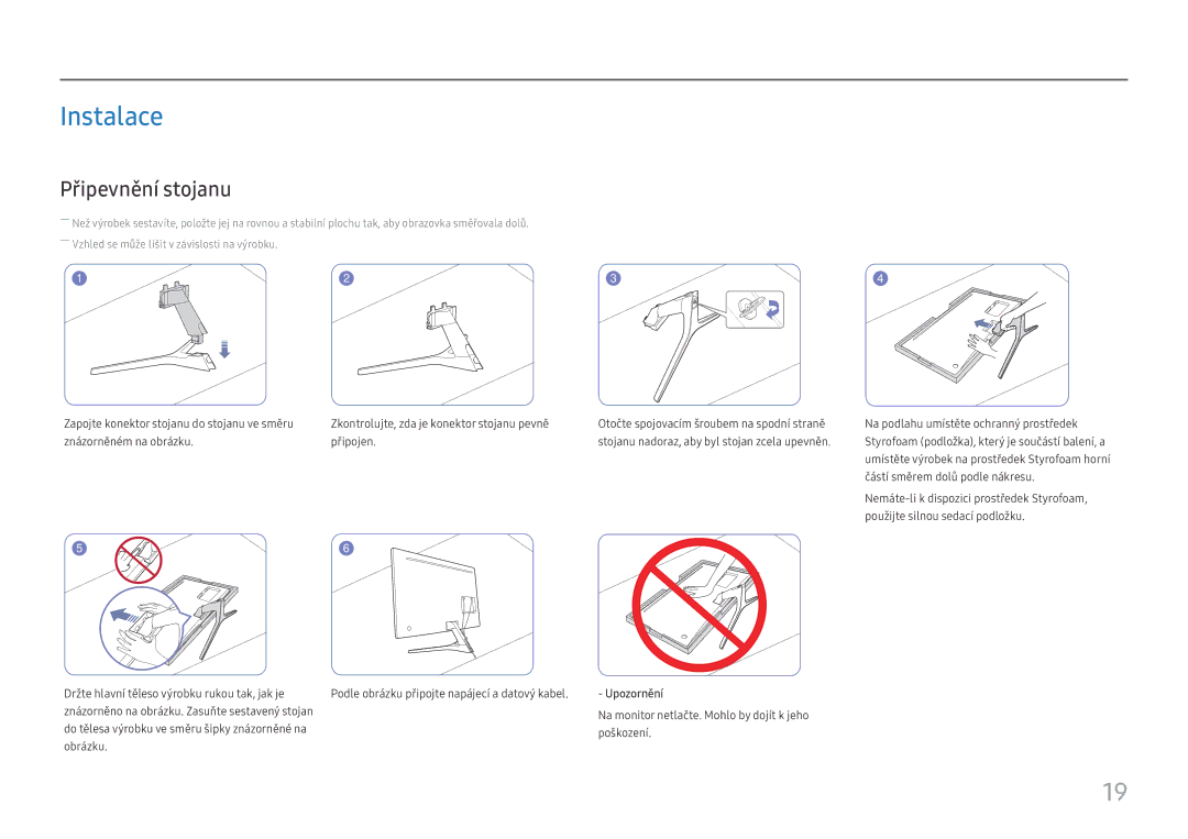 Samsung LU32J590UQUXEN manual Instalace, Připevnění stojanu, Upozornění 