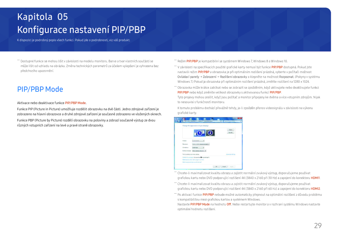 Samsung LU32J590UQUXEN manual Konfigurace nastavení PIP/PBP, Aktivace nebo deaktivace funkce PIP/PBP Mode 