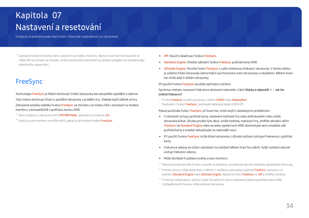 Samsung LU32J590UQUXEN manual Nastavení a resetování, FreeSync 
