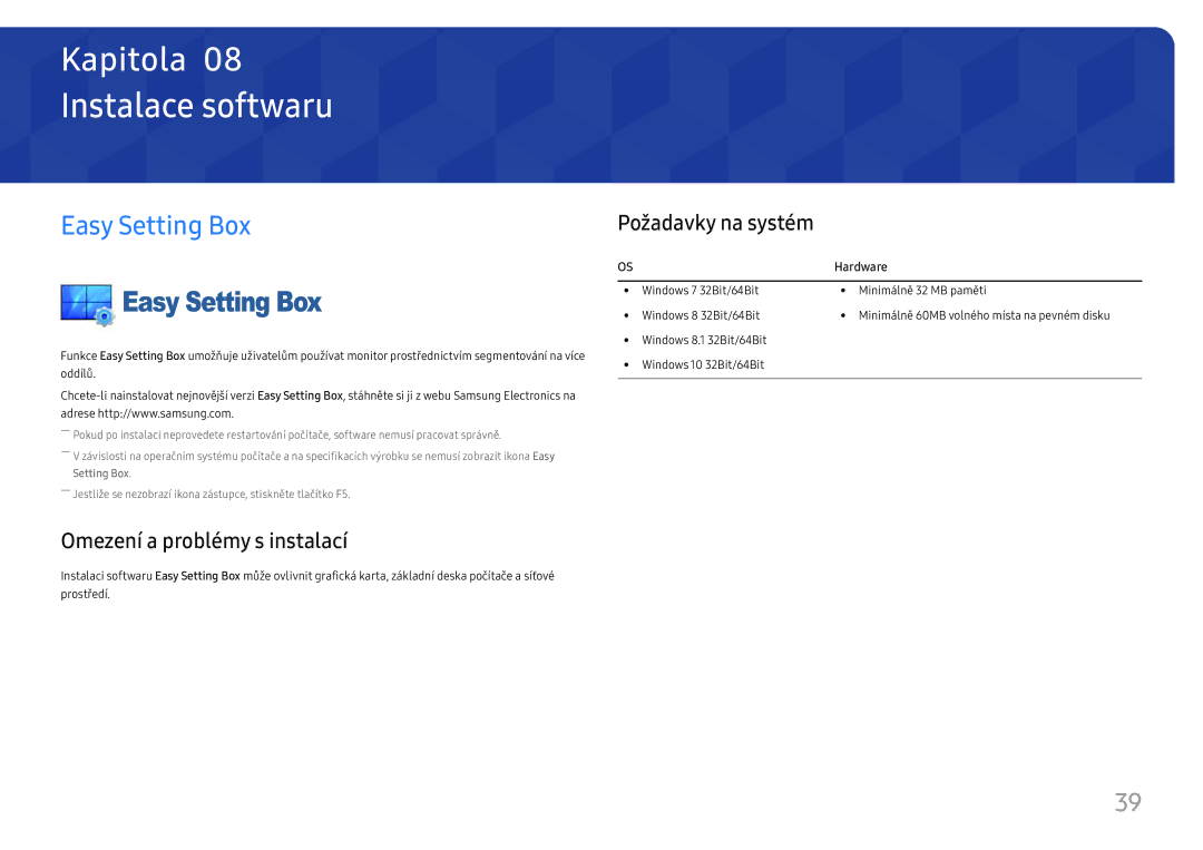 Samsung LU32J590UQUXEN manual Instalace softwaru, Easy Setting Box, Omezení a problémy s instalací, Požadavky na systém 