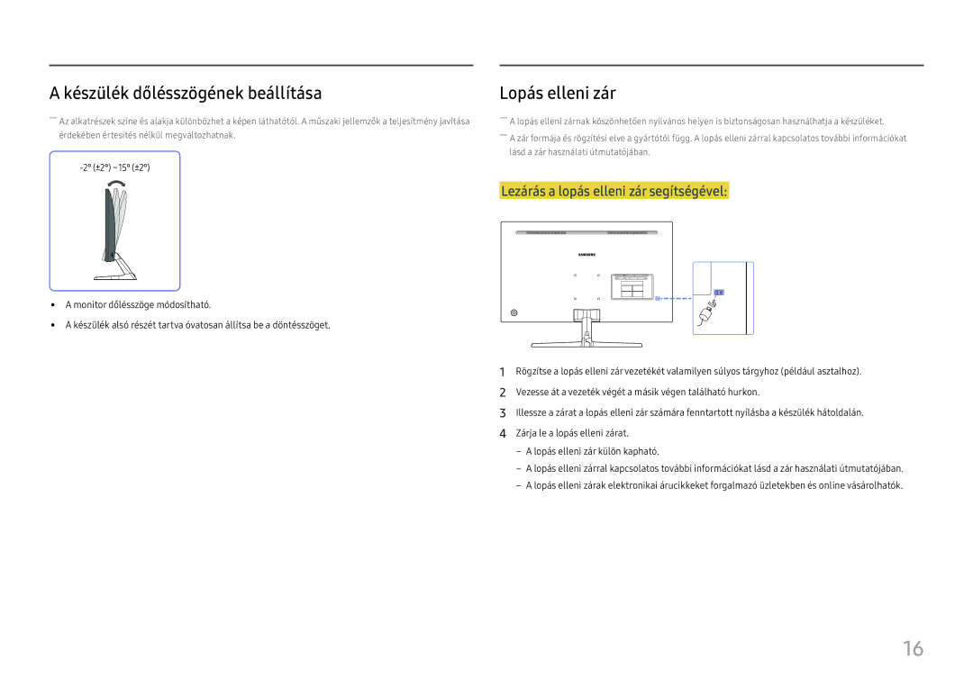 Samsung LU32J590UQUXEN manual Készülék dőlésszögének beállítása, Lopás elleni zár 