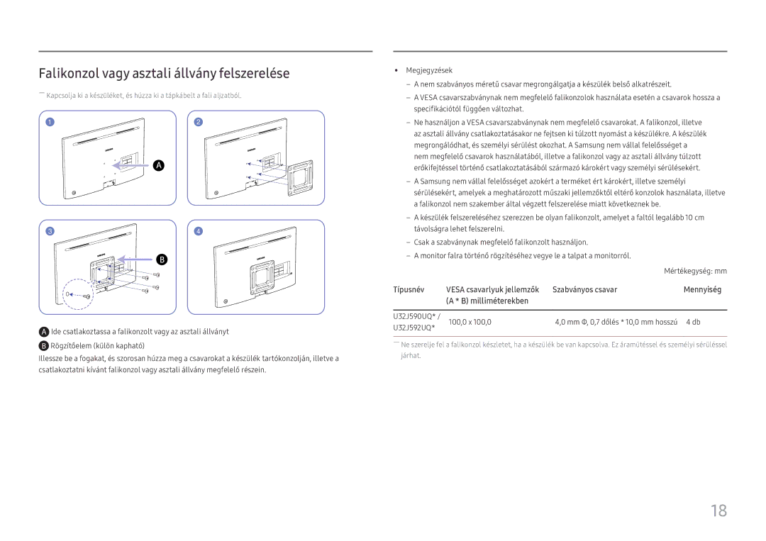 Samsung LU32J590UQUXEN manual Falikonzol vagy asztali állvány felszerelése 