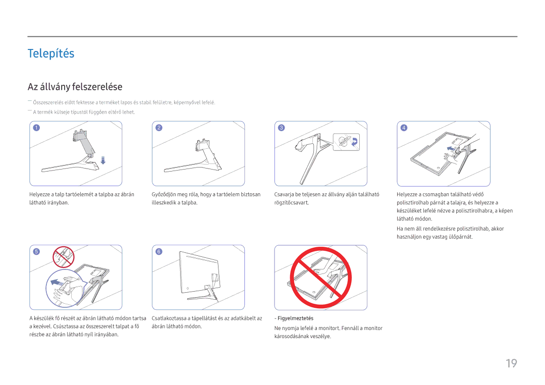 Samsung LU32J590UQUXEN manual Telepítés, Az állvány felszerelése, Figyelmeztetés 