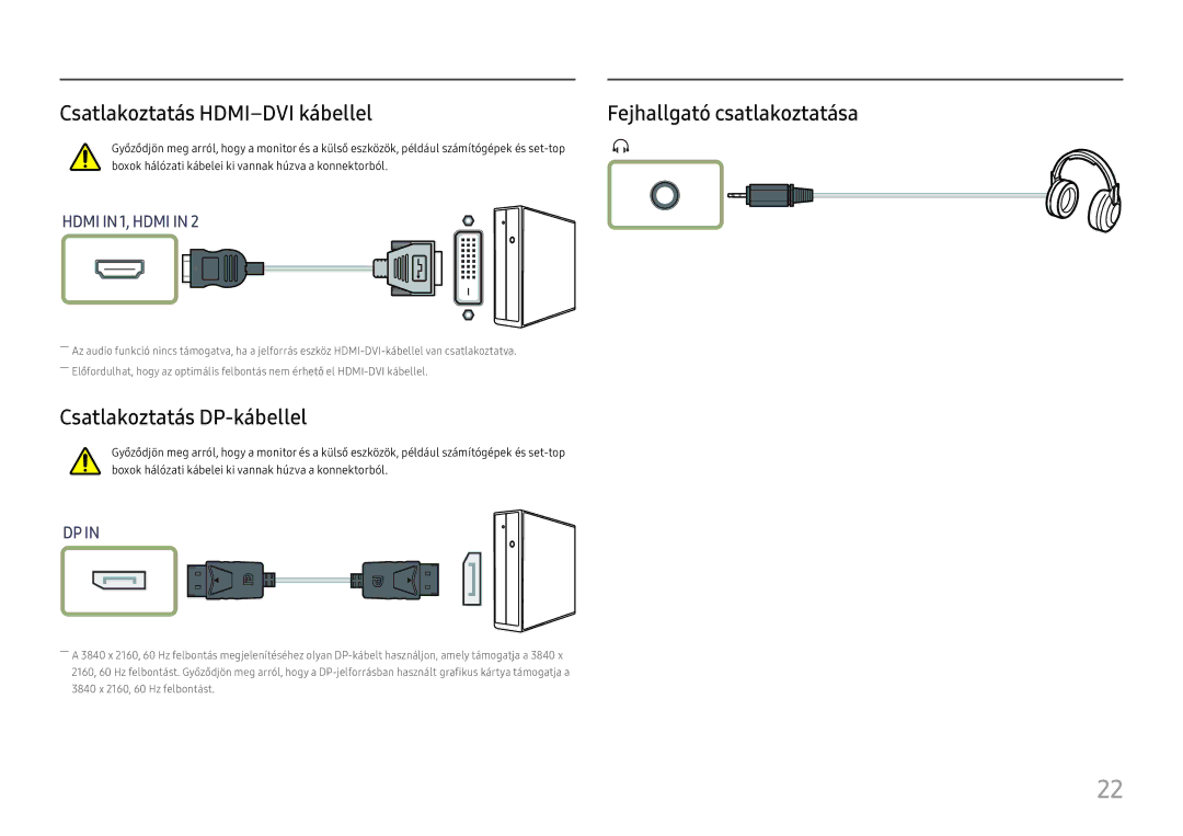 Samsung LU32J590UQUXEN manual Csatlakoztatás HDMI-DVI kábellel, Csatlakoztatás DP-kábellel 