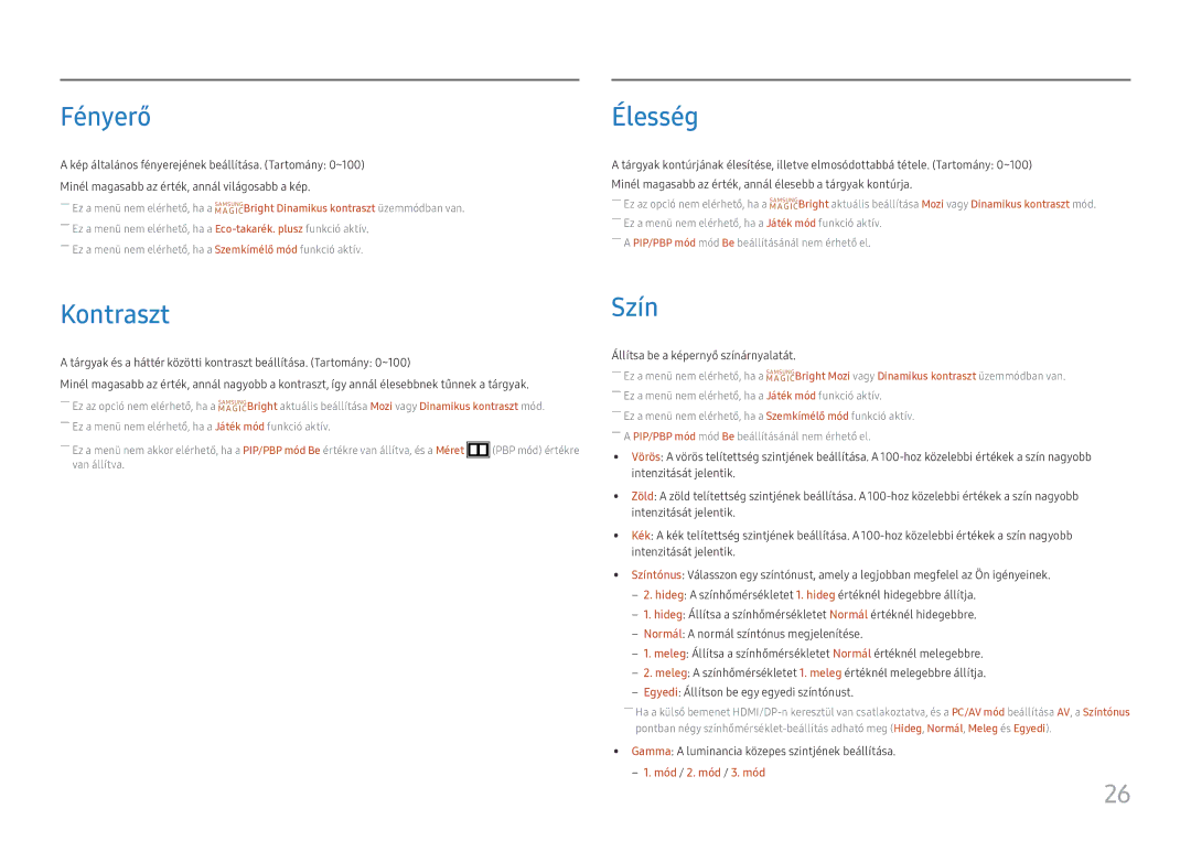 Samsung LU32J590UQUXEN manual Fényerő, Élesség, Kontraszt, Szín 