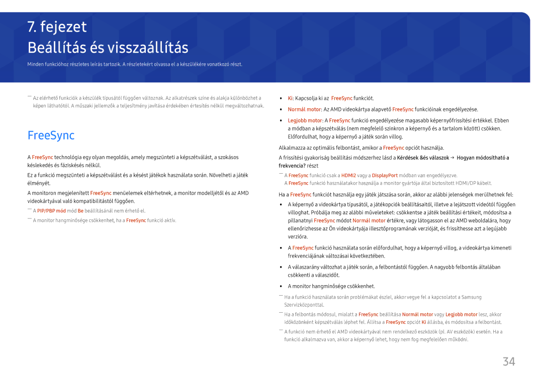 Samsung LU32J590UQUXEN manual Beállítás és visszaállítás, FreeSync 