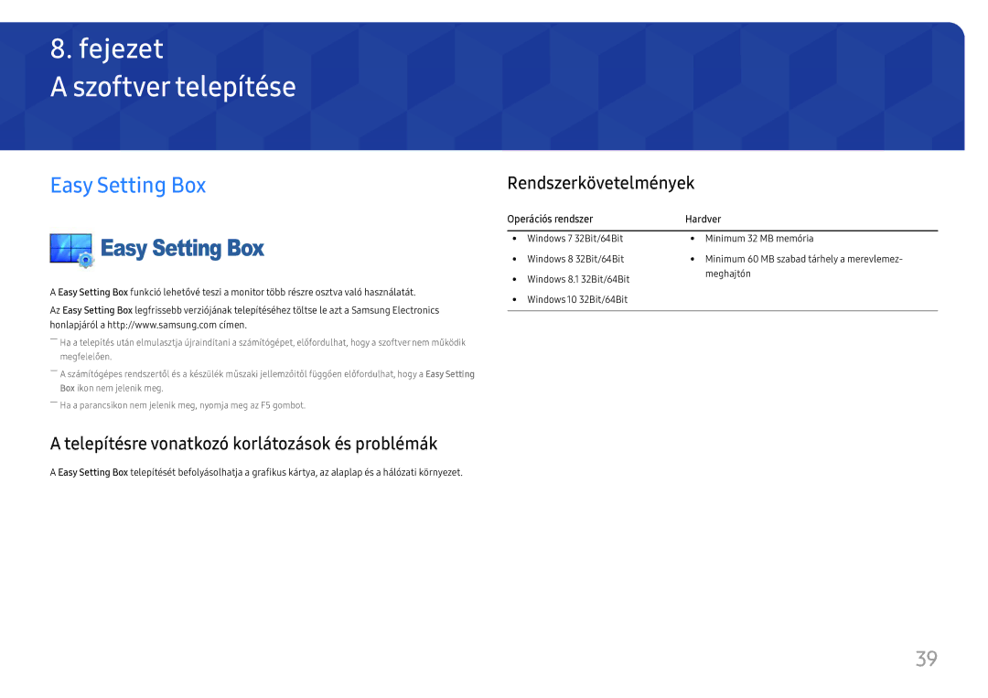 Samsung LU32J590UQUXEN manual Szoftver telepítése, Easy Setting Box, Rendszerkövetelmények 