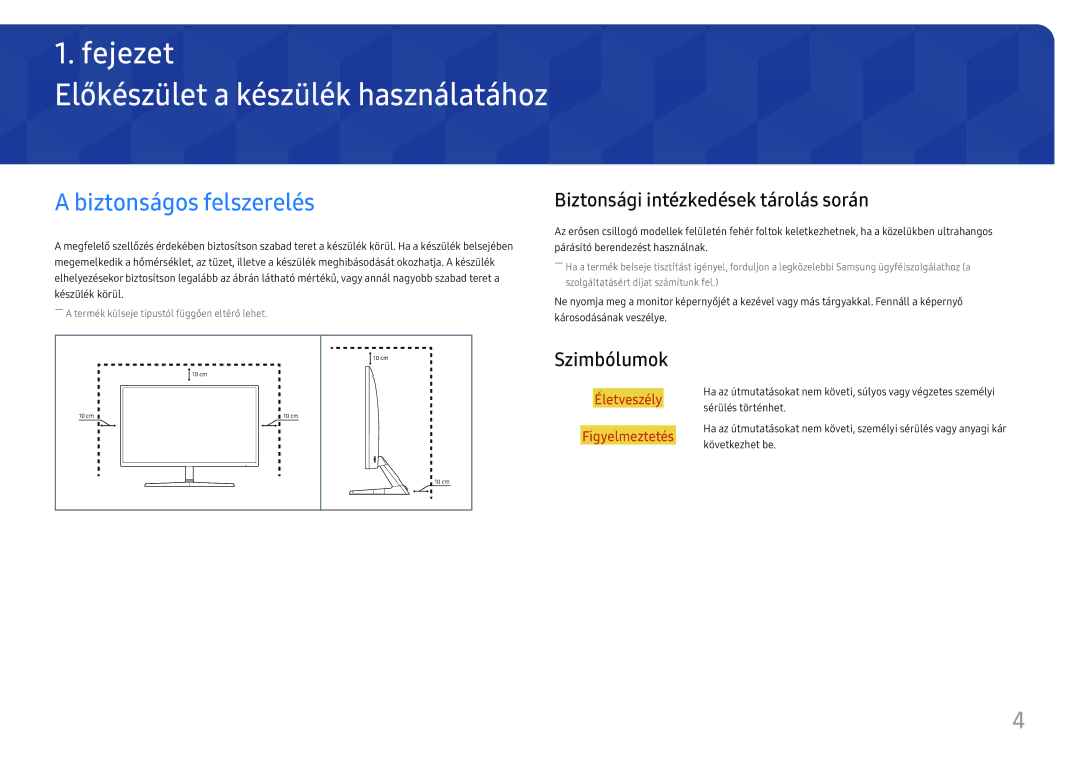 Samsung LU32J590UQUXEN manual Előkészület a készülék használatához, Biztonságos felszerelés, Szimbólumok 