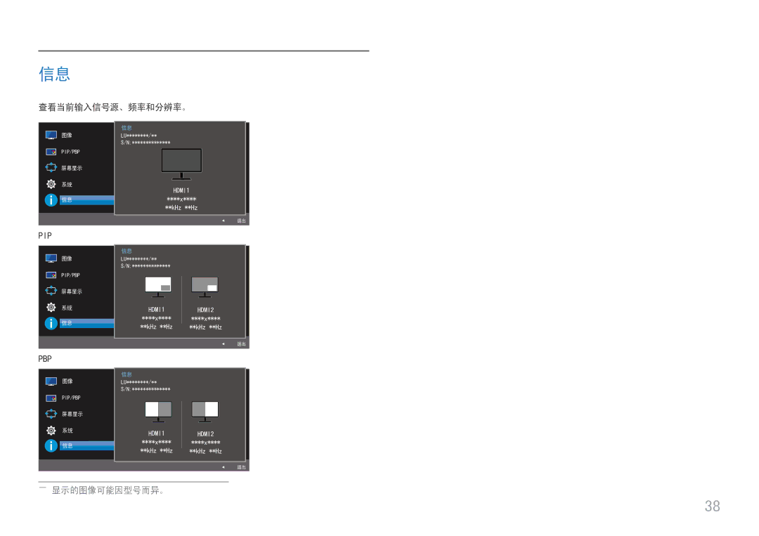 Samsung LU32J590UQUXEN manual 查看当前输入信号源、频率和分辨率。, ――显示的图像可能因型号而异。 