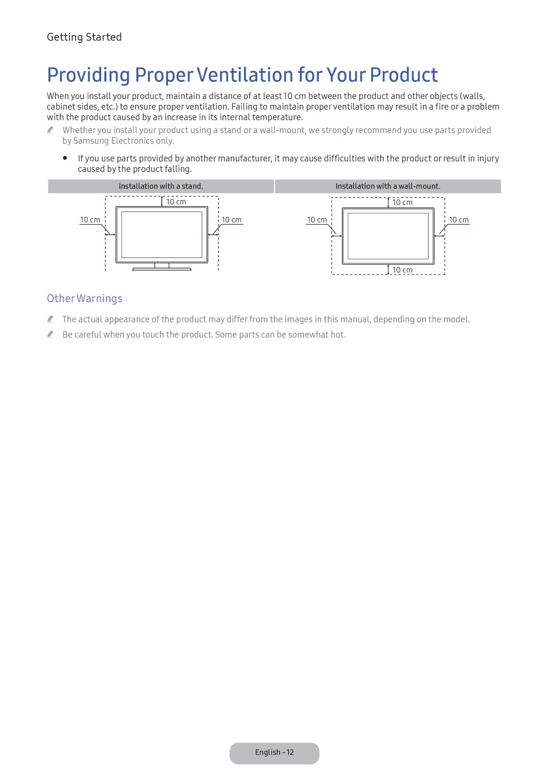 Samsung LV27F390FEWXEN, LV32F390FEWXEN, LV32F390FEXXEN manual Providing Proper Ventilation for Your Product, Other Warnings 