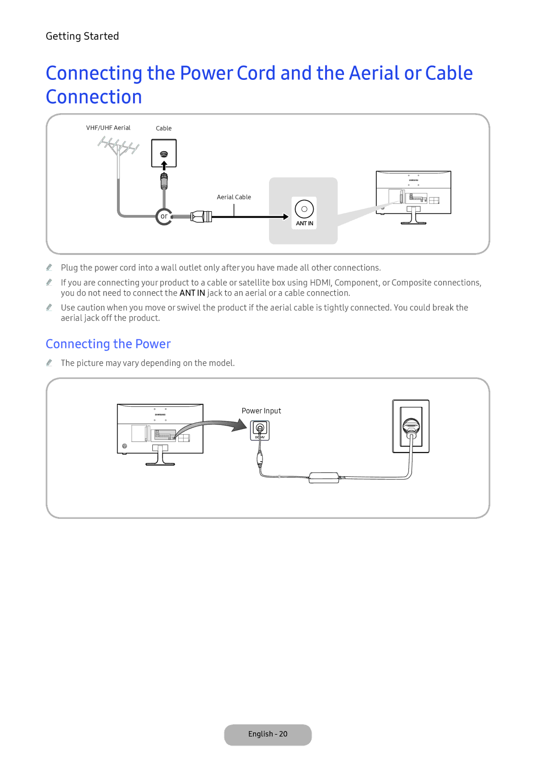 Samsung LV32F390FEXXEN, LV27F390FEWXEN, LV32F390FEWXEN manual Connecting the Power, Picture may vary depending on the model 